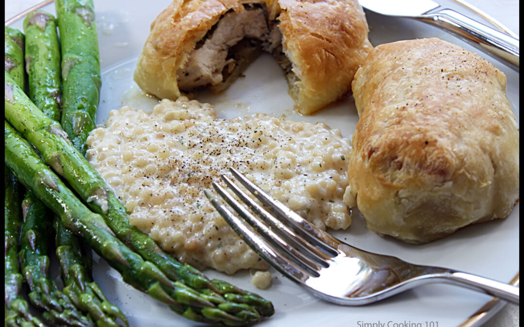 Valentines Day Meal:  Chicken baked in pastry crust, pearl couscous in cream sauce and fresh asparagus